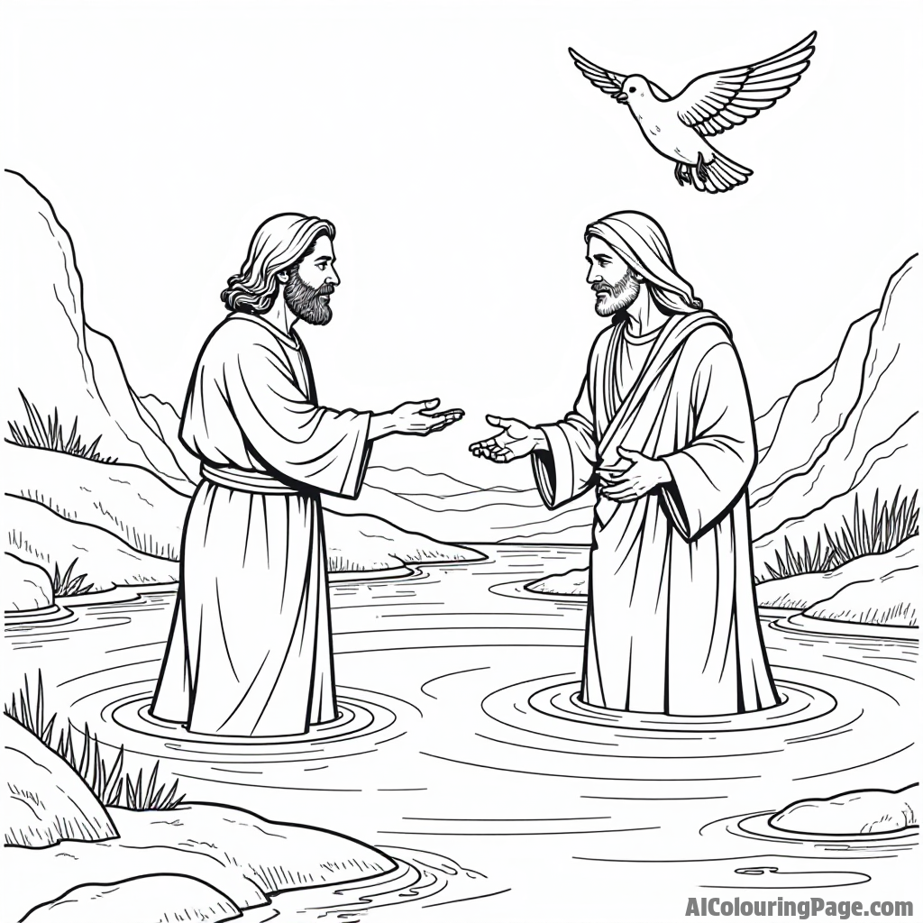 An illustrated scene of the baptism of Jesus in the Jordan River, with John the Baptist and doves above.