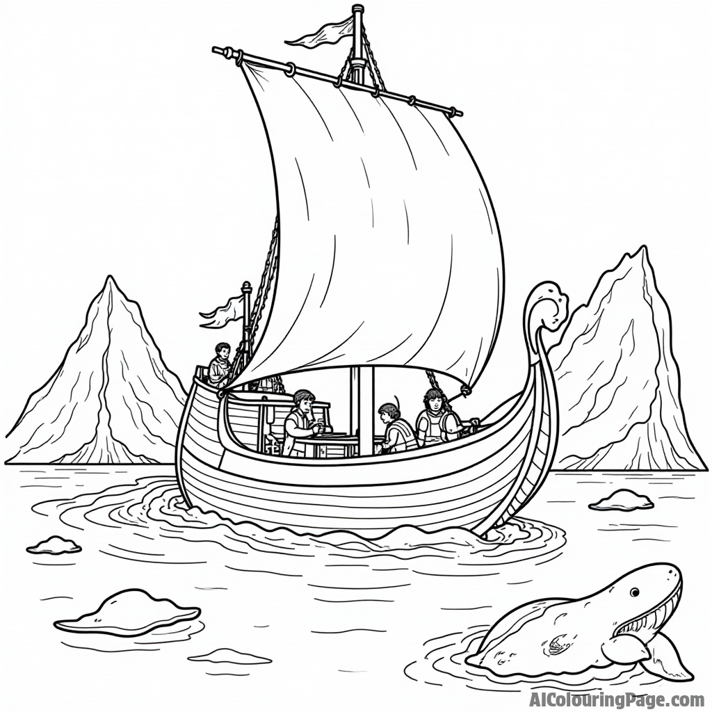 A Viking ship navigating through icy waters, surrounded by icebergs and a playful whale, capturing the adventurous spirit of exploration in this history-themed coloring page.