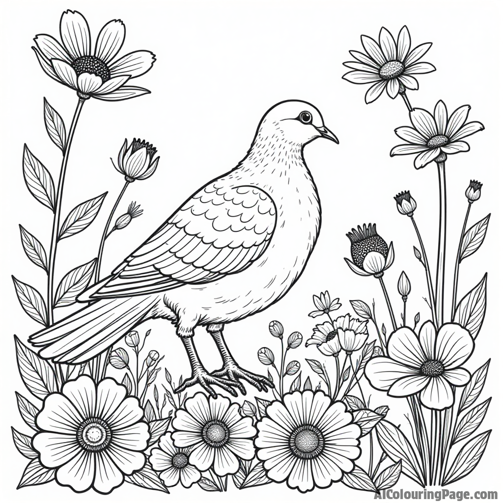 A dove exploring a magical flower garden with oversized flowers and whimsical creatures for an imaginative coloring adventure.