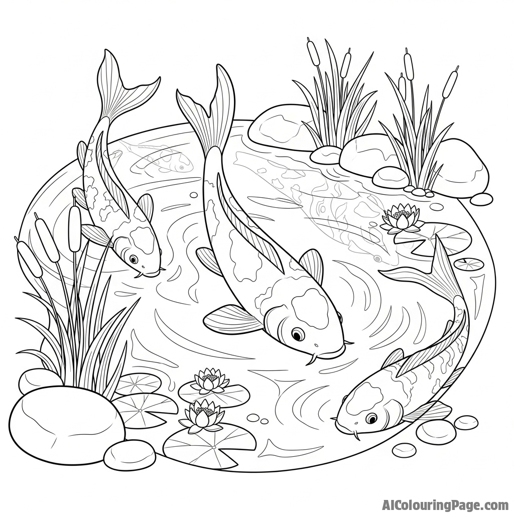 A koi pond at twilight, the fish appearing as pale, ghostly shapes moving beneath the surface.