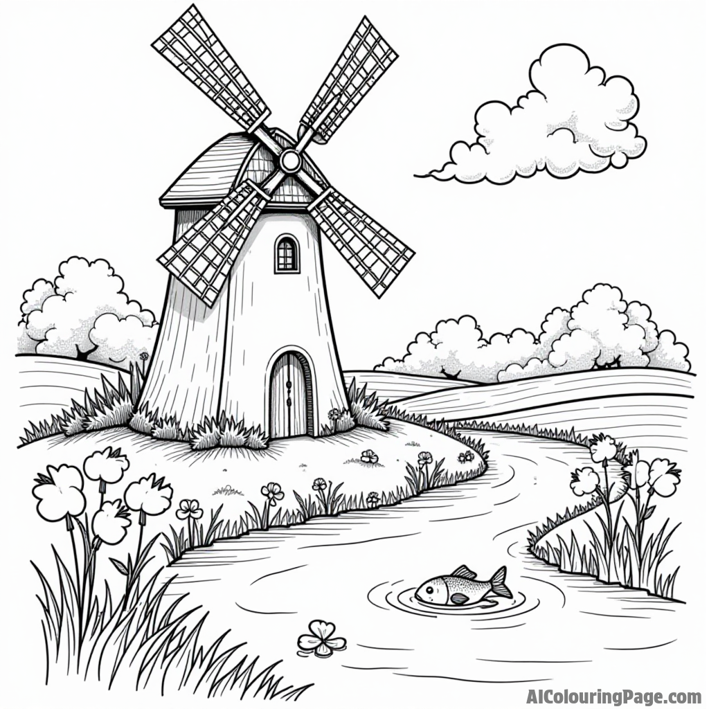 A whimsical windmill surrounded by fields of clovers and a river flowing nearby with playful fish jumping out.