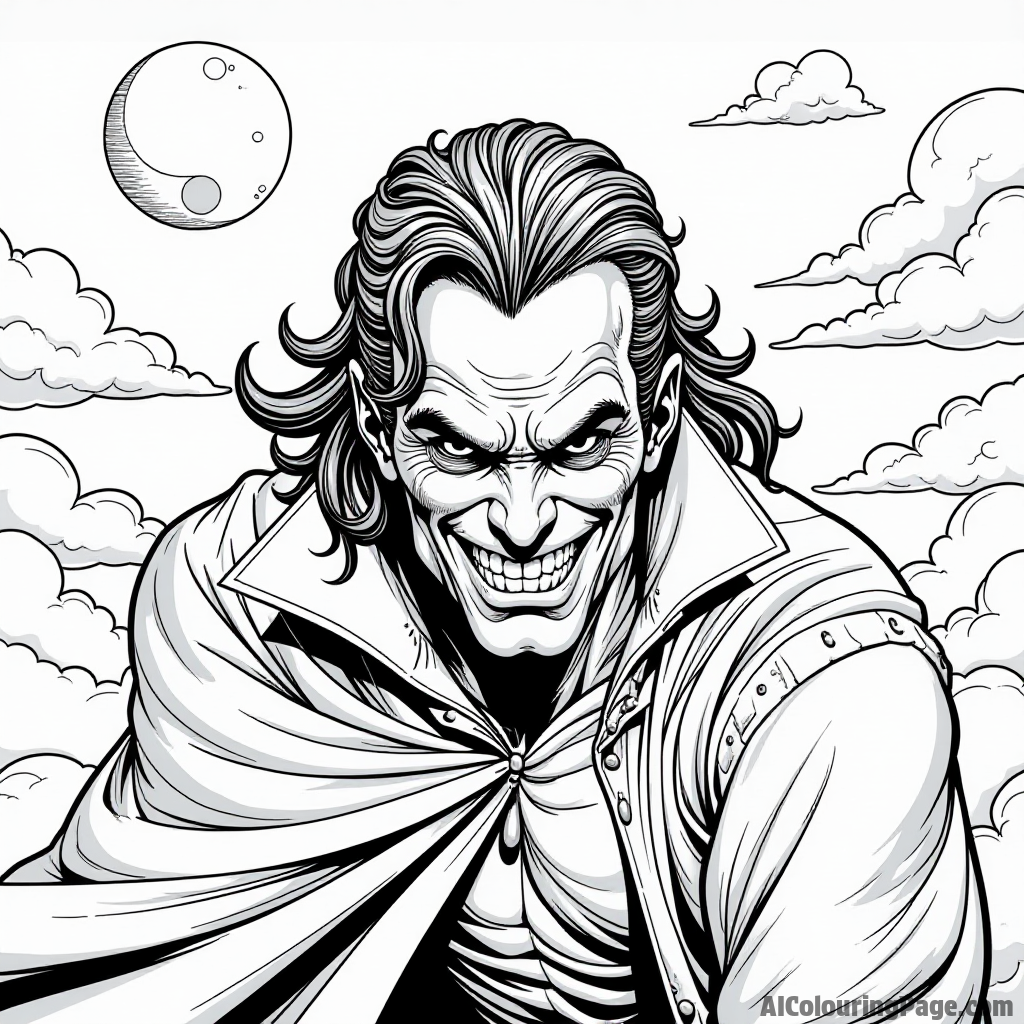 Slade lurking in the shadows, a mischievous grin on his face, with ominous clouds and a full moon overhead.