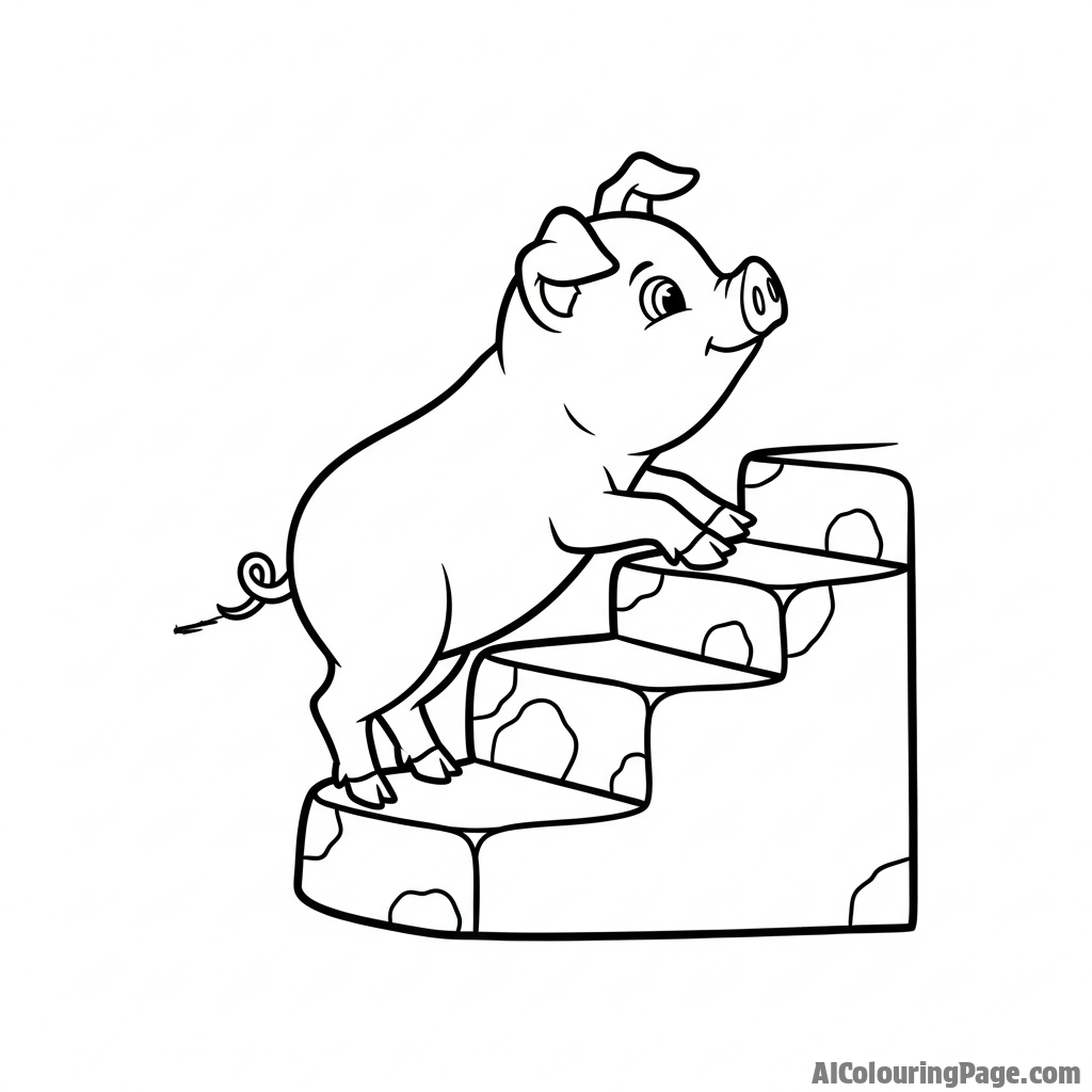 A piglet trying to climb a small set of stone stairs.