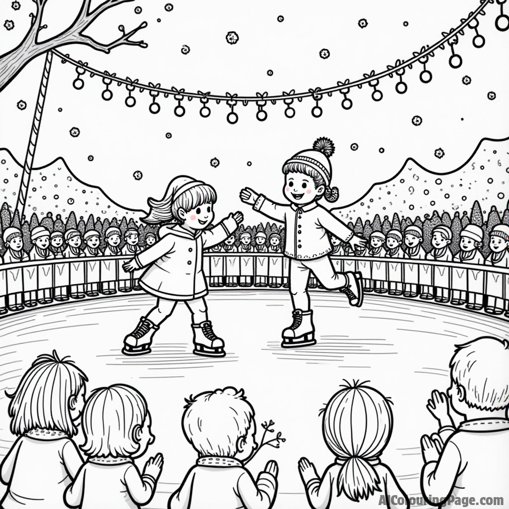 A whimsical scene of ice skaters performing tricks, with a lively audience clapping, surrounded by colorful decorations and holiday spirit, encouraging kids to use their imagination while coloring.