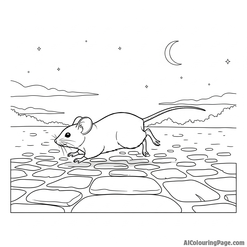 Cinematic shot of a mouse scurrying across a cobblestone street at dusk.