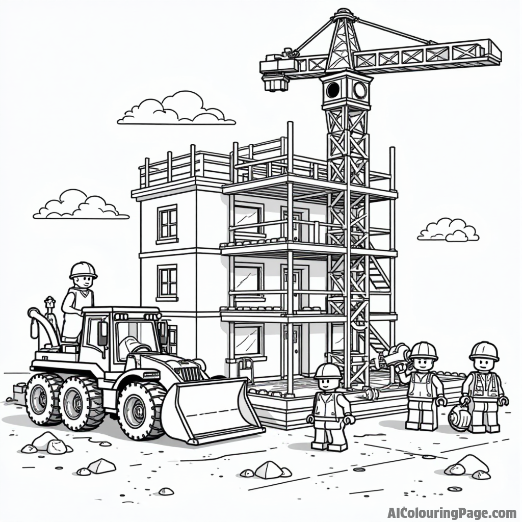 A LEGO construction site with workers, a bulldozer, and a building under construction with scaffolding around it.