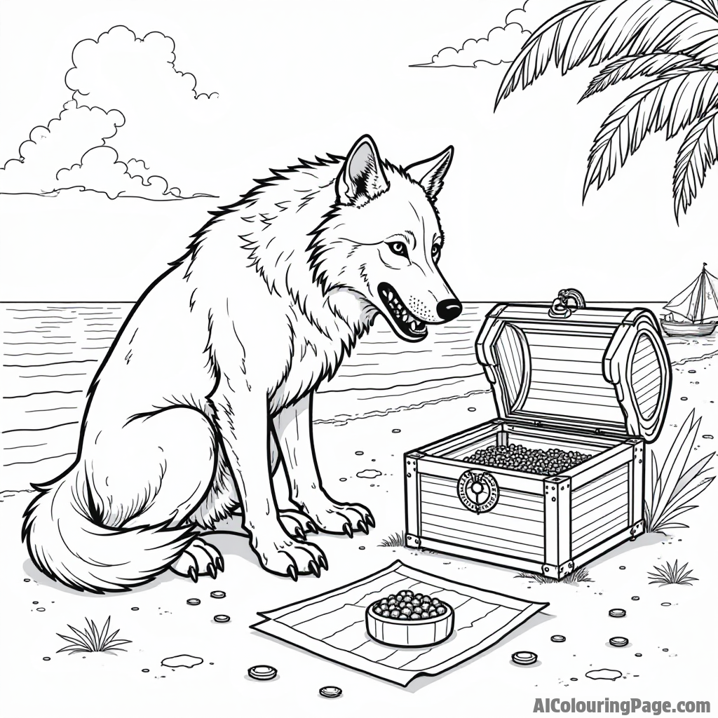 A werewolf discovering a hidden treasure chest on a beach with sparkling jewels and a map nearby.