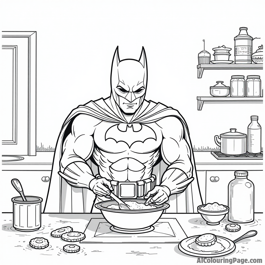 A playful scene of Batman baking cookies in the Batcave, with flour and baking tools scattered everywhere happily.