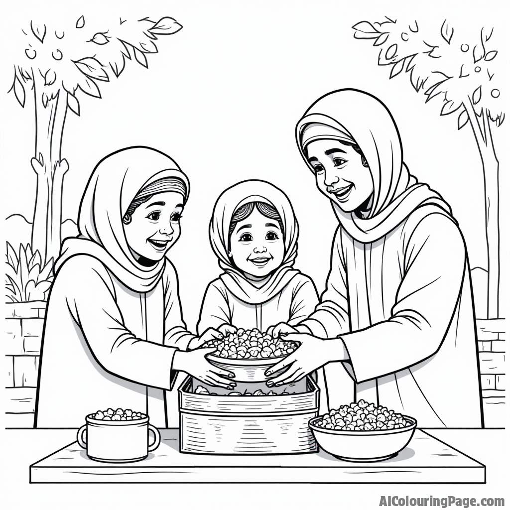 A joyful family donating food to those in need, demonstrating kindness and generosity during Ramadan, set against a warm, inviting background. Festivals and Traditions Coloring Sheets.