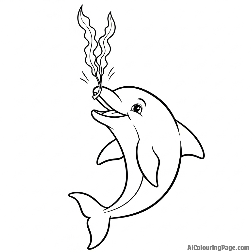 A playful dolphin using its snout to toss a piece of seaweed high into the air.