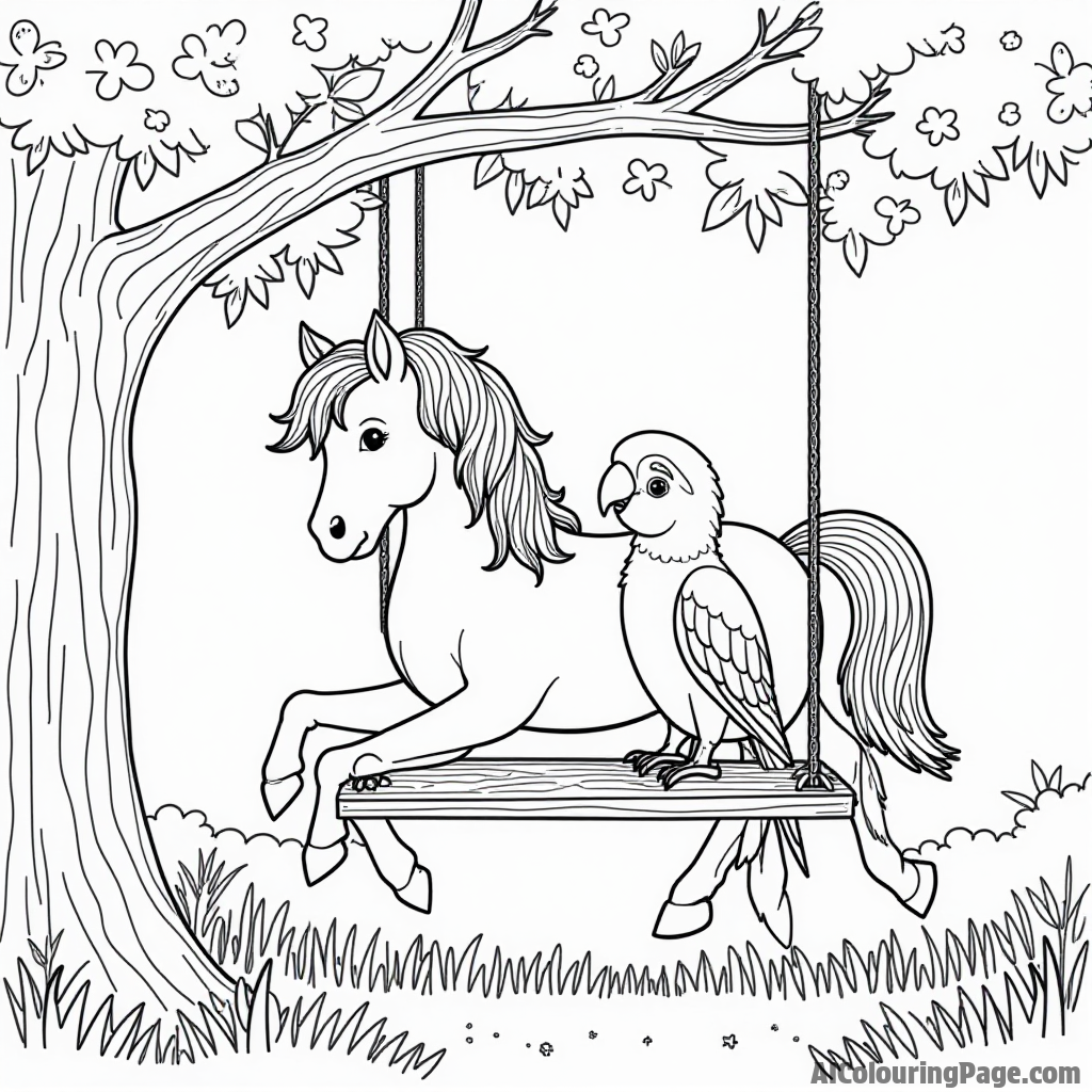 A pony and a parrot perched on a swing hanging from a tree branch in a sunny garden.