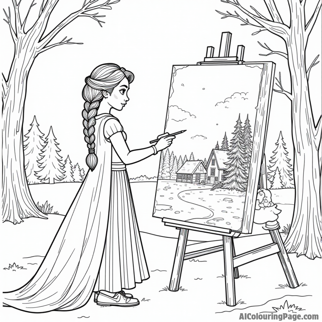 Elsa painting a winter scene on a large canvas