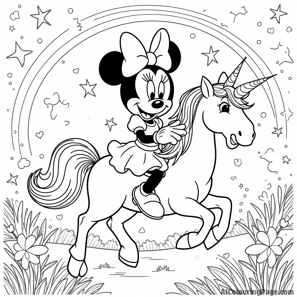 Minnie Mouse in a fairy tale, riding a unicorn through a magical landscape filled with rainbows and sparkling stars