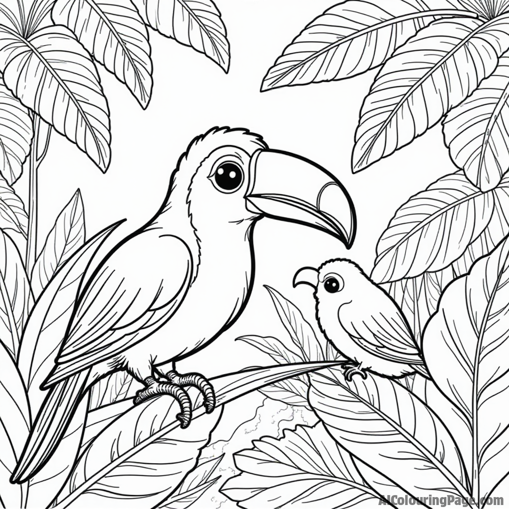 A toucan playing hide and seek behind big leaves with a cute parrot in a colorful jungle setting for kids.