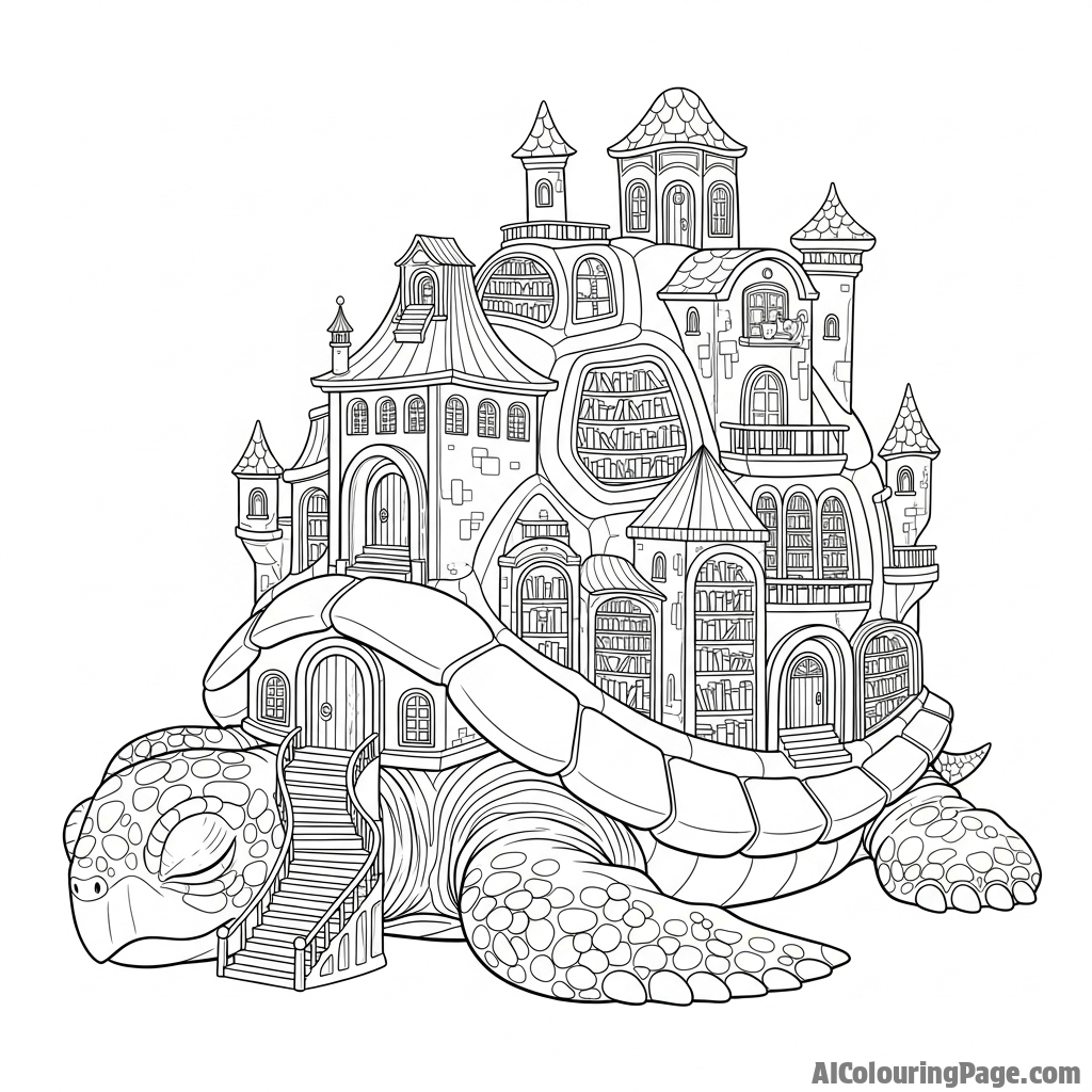 A library built on the back of a colossal, sleeping turtle.