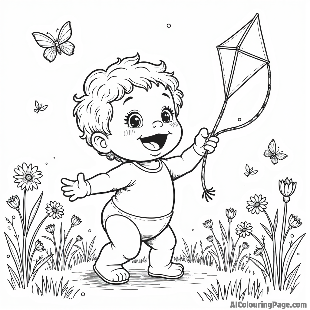 A Muppet baby playing with a kite in a vibrant meadow, with flowers blooming and butterflies fluttering around happily.