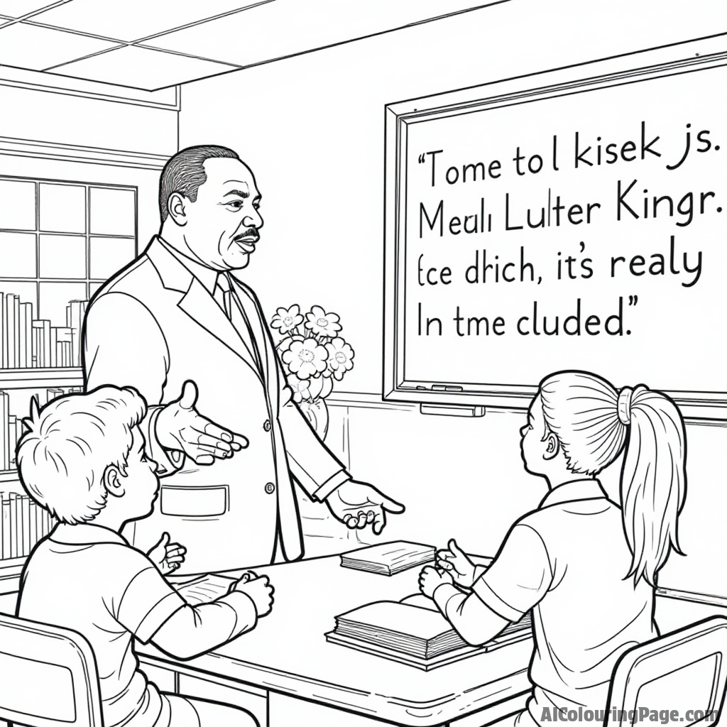 A scene showing Martin Luther King Jr. teaching a class of children, with books and a chalkboard filled with inspiring words, inviting kids to color the learning environment.