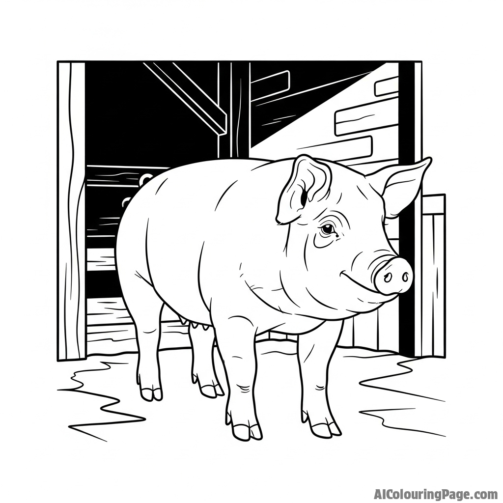 A moody, high-contrast photograph of a pig in a shadowed barn.