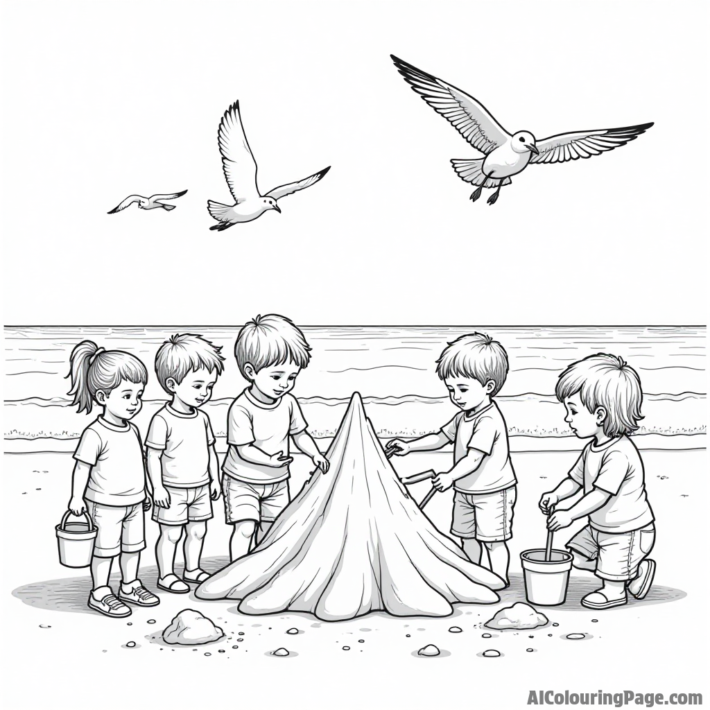 A group of children building a sandcastle on the beach with buckets and shovels, while seagulls circle overhead.