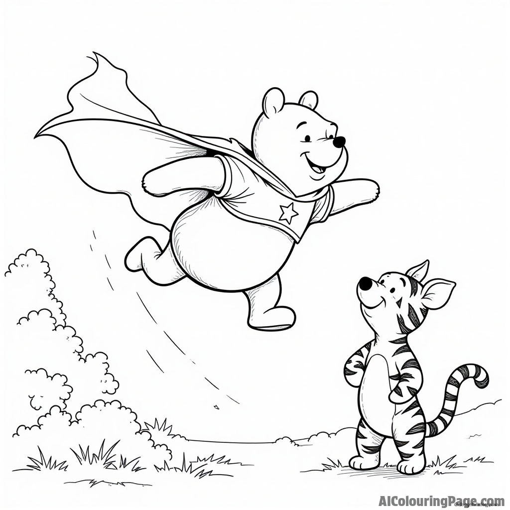 Winnie the Pooh dressed as a superhero, flying through the air with Piglet and Tigger cheering him on below.