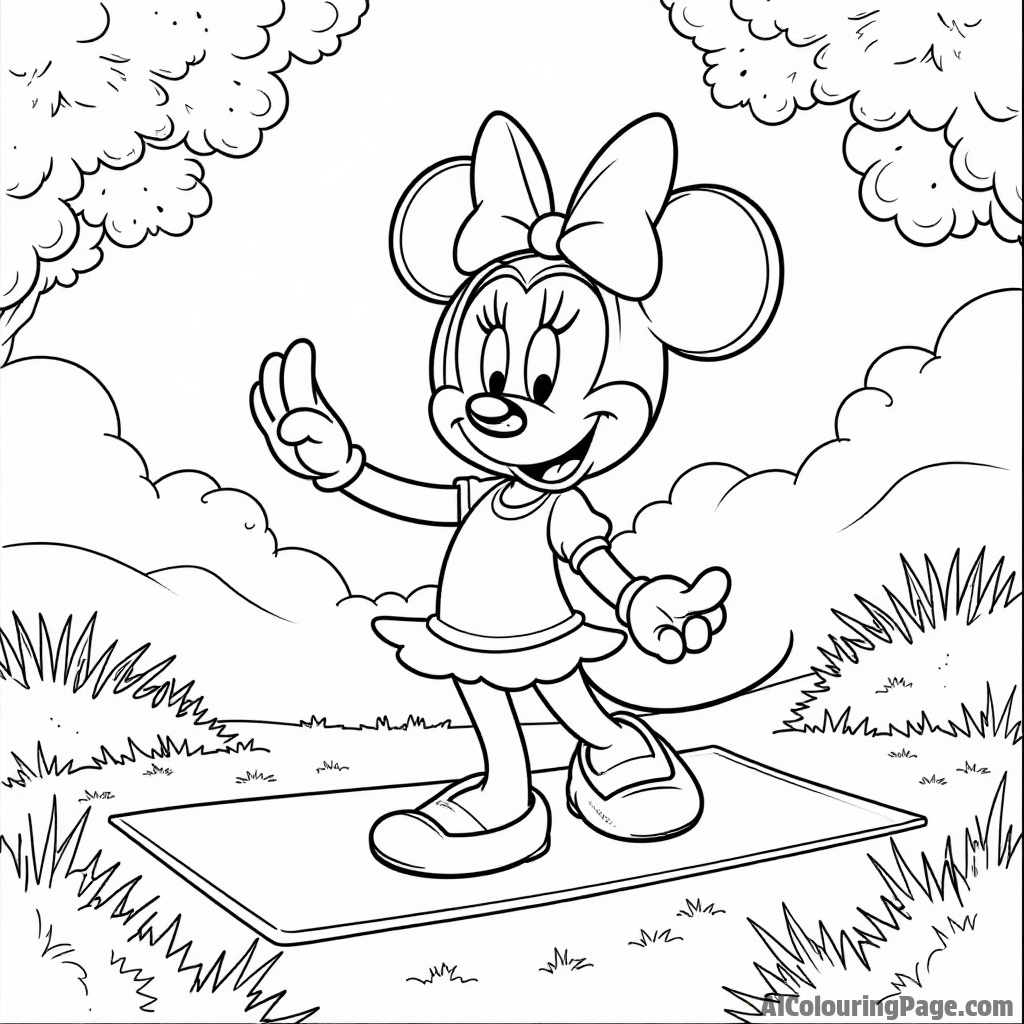 Minnie Mouse taking a yoga class outdoors, surrounded by nature, with a peaceful expression and a yoga mat.