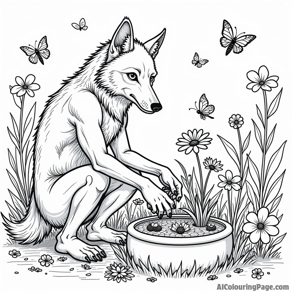 A werewolf gardener planting enchanted flowers in a whimsical garden filled with butterflies and buzzing bees.