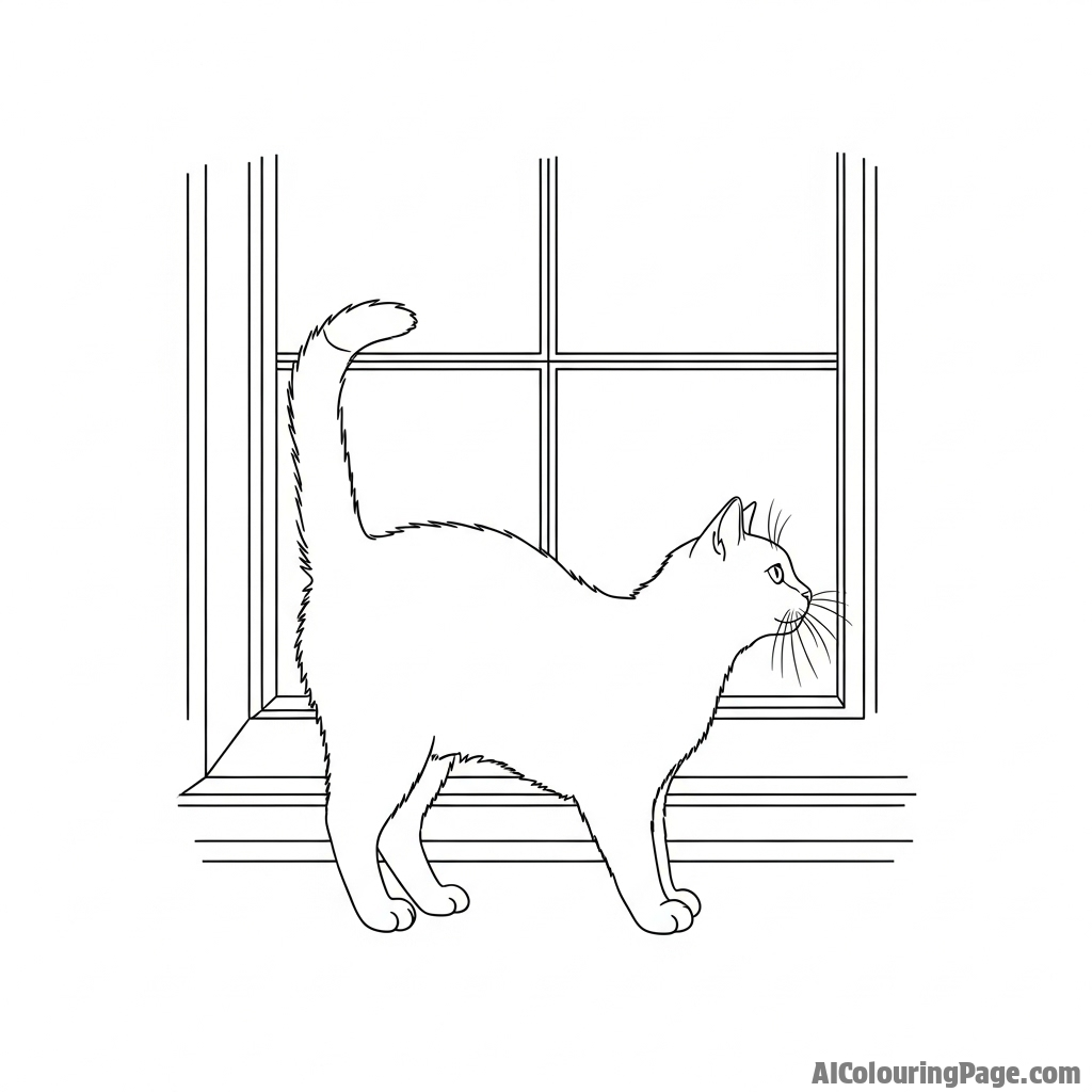 A cat arching its back, silhouetted against a bright window