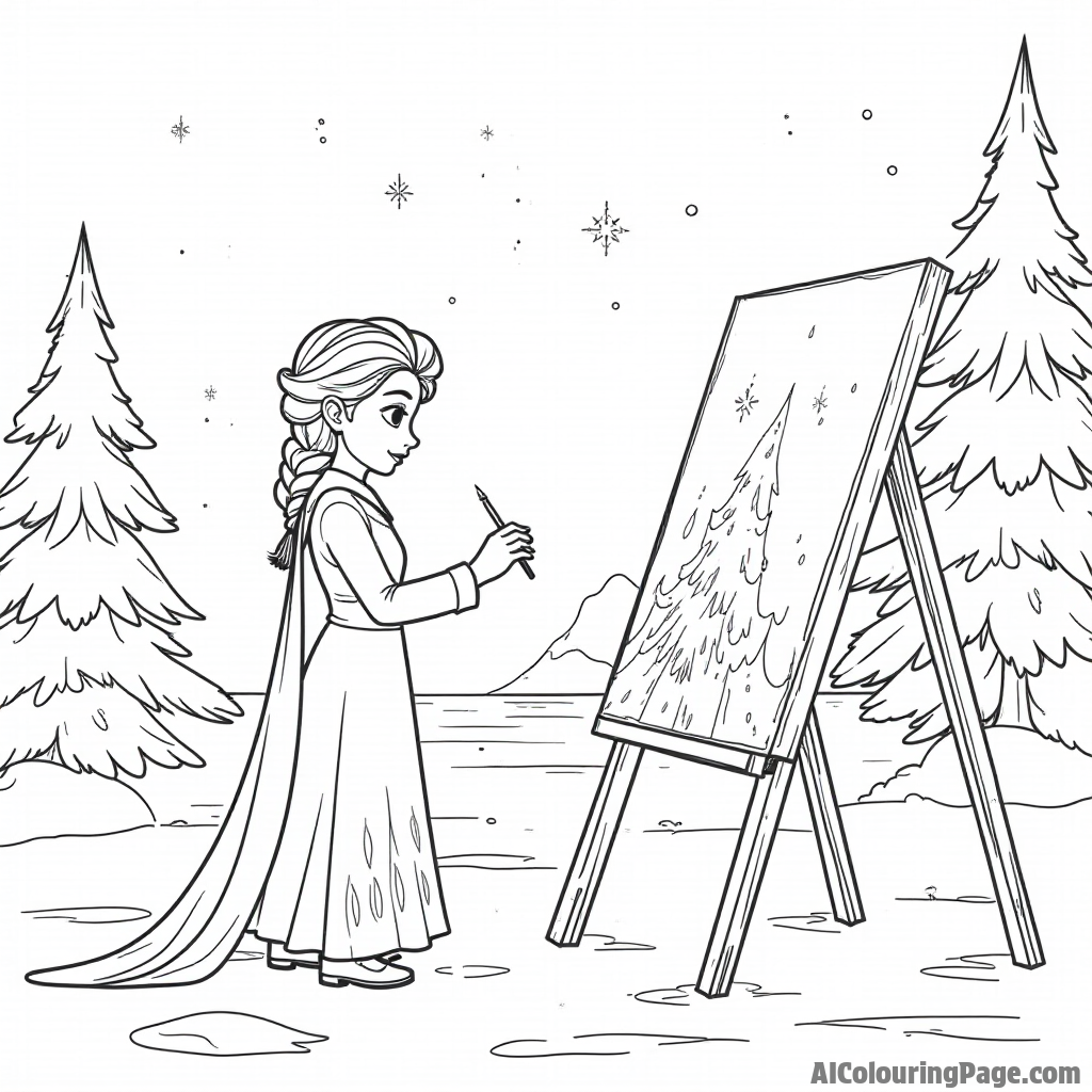 Elsa painting winter scenes on ice with her magical touch