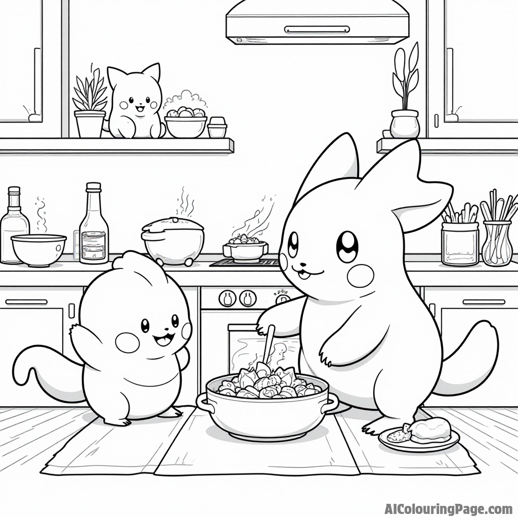 A family of Chansey cooking in a kitchen filled with delicious food and happy Pokémon eagerly waiting to eat.