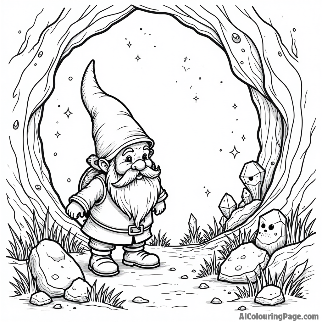 A gnome exploring a crystal cave filled with sparkling gems, glowing rocks, and curious creatures peeking from the shadows.