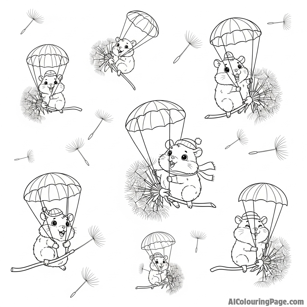 A whimsical scene of hamsters floating through the air on dandelion seeds