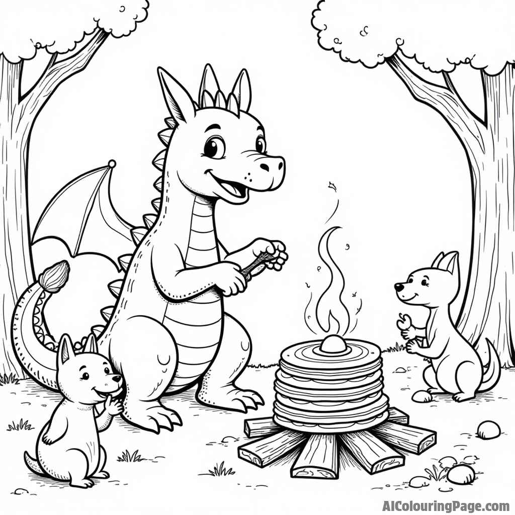 A friendly dragon cooking pancakes over a campfire with forest animals gathered around, enjoying the delicious smell