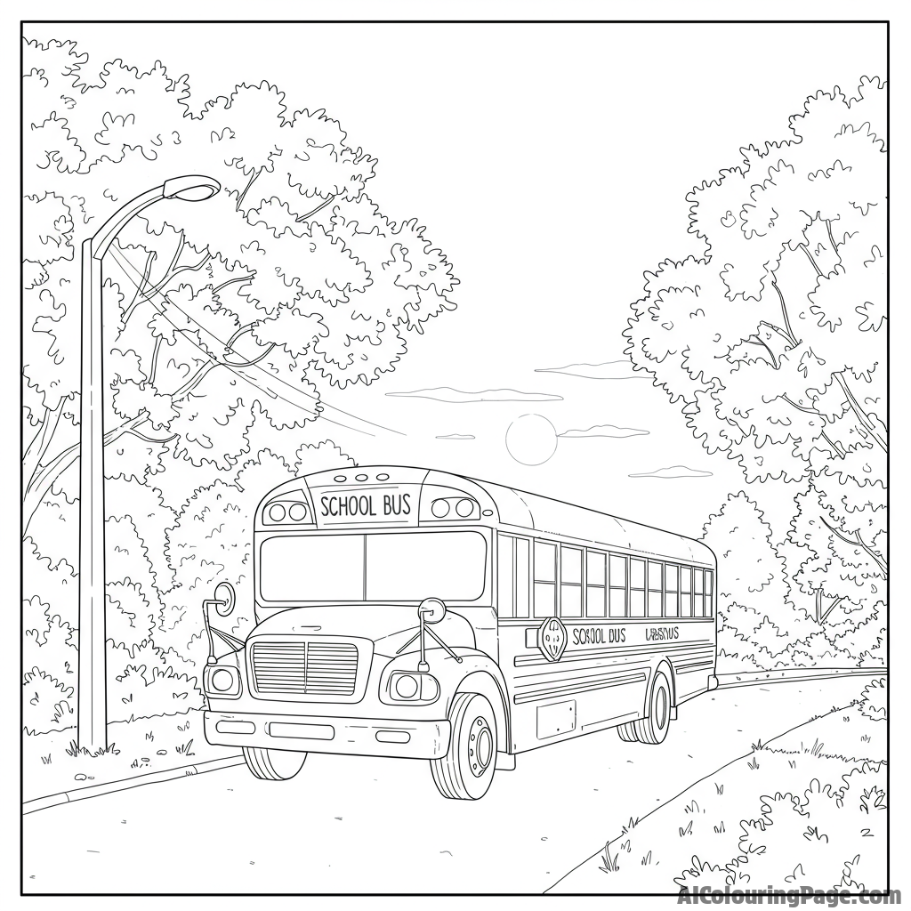 A school bus winding down a quiet, tree-lined street at dawn.