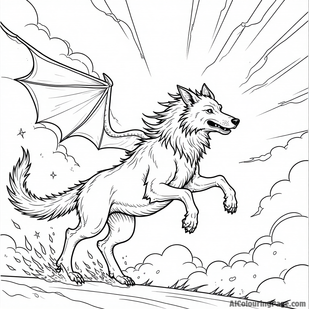 A werewolf racing a dragon in the sky with clouds, sunbeams, and magical sparkles lighting up the scene.