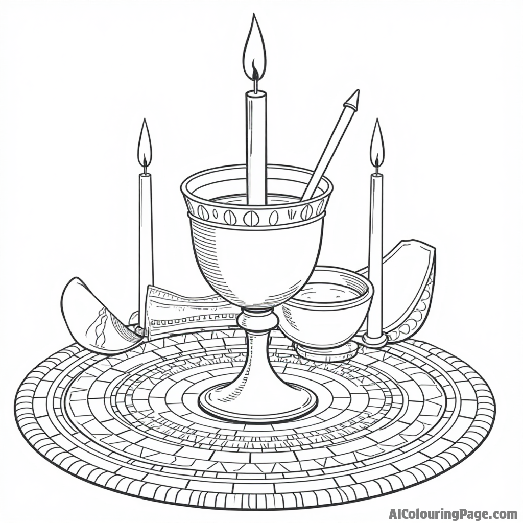 An illustration of Kwanzaa symbols, such as the mkeka mat and unity cup, arranged artistically, providing a fun and educational coloring page for children to enjoy.