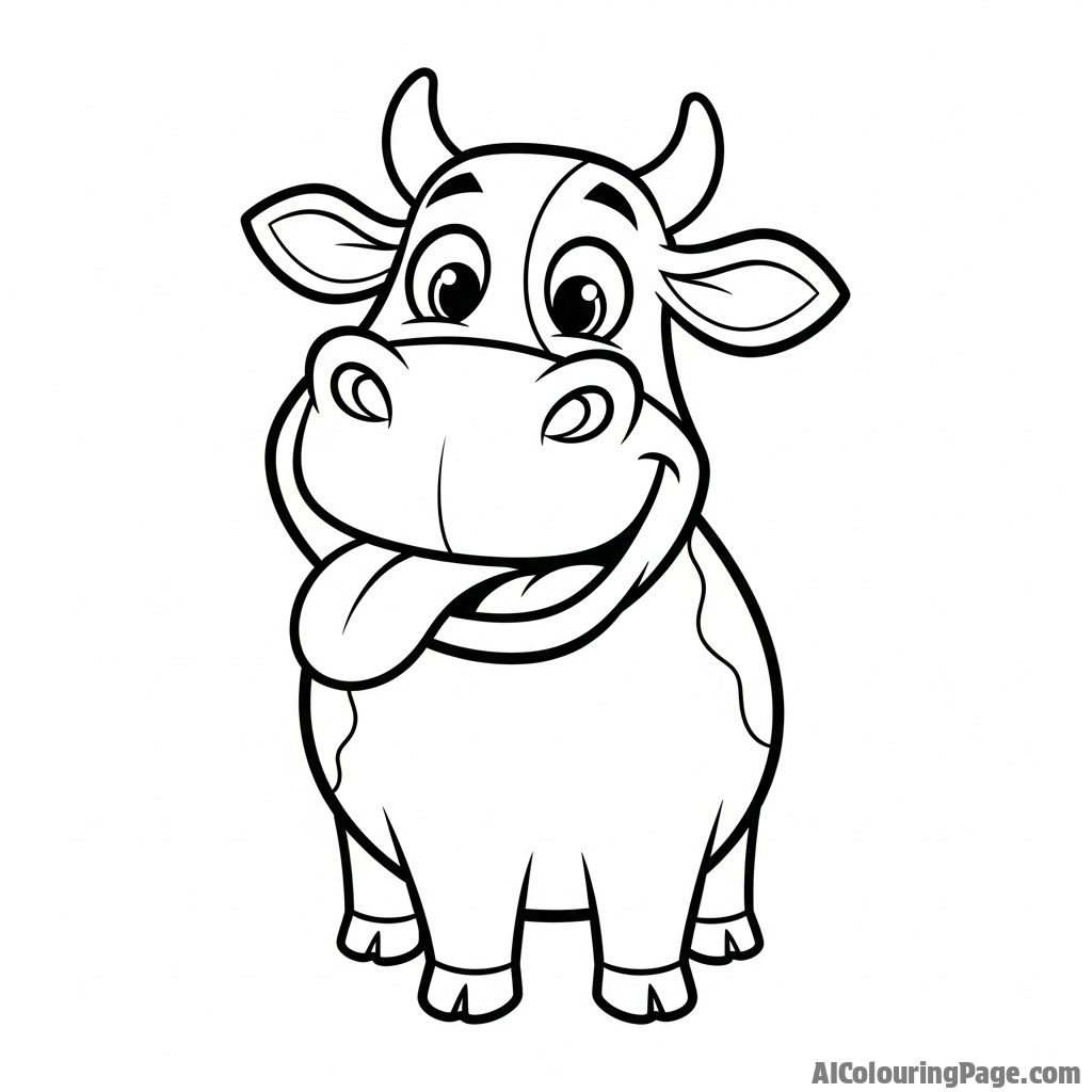 A joyful cow with its tongue out, seemingly caught in a moment of pure bliss.