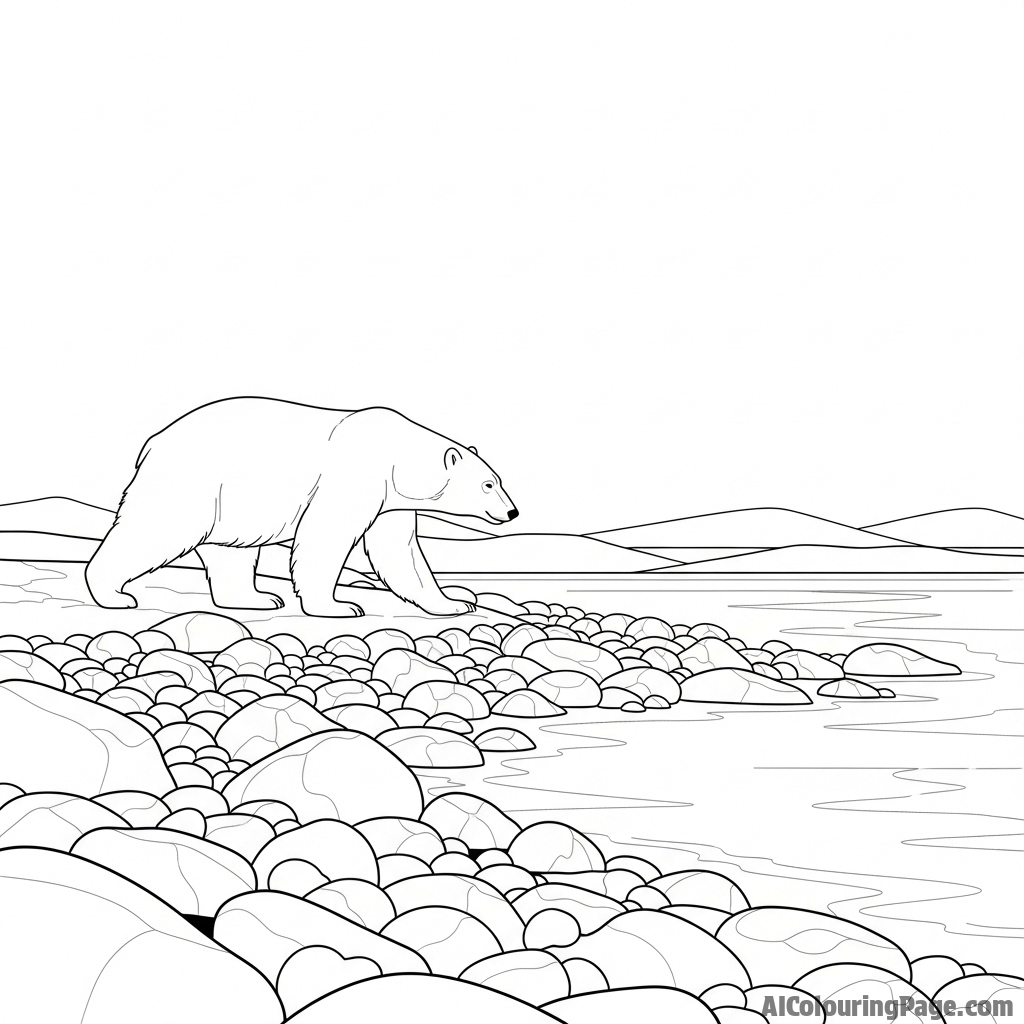 A polar bear walking along a rocky, ice-free shoreline.