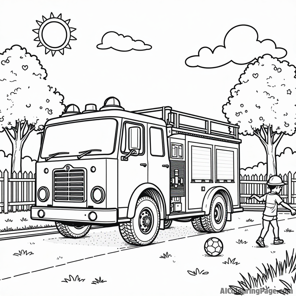 A detailed scene of a fire truck parked at a playground while kids play soccer nearby, featuring trees and a sunny sky for coloring fun.