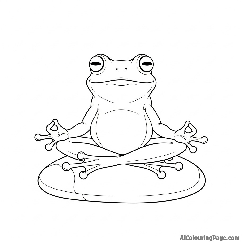 A frog meditating in a lotus position on a smooth river stone.
