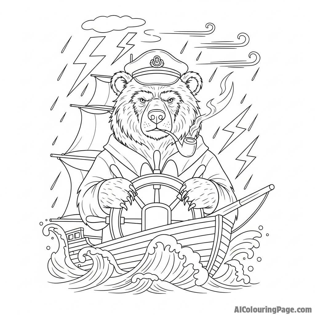 A bear as an old sea captain with a pipe and hat, steering a ship through a storm.