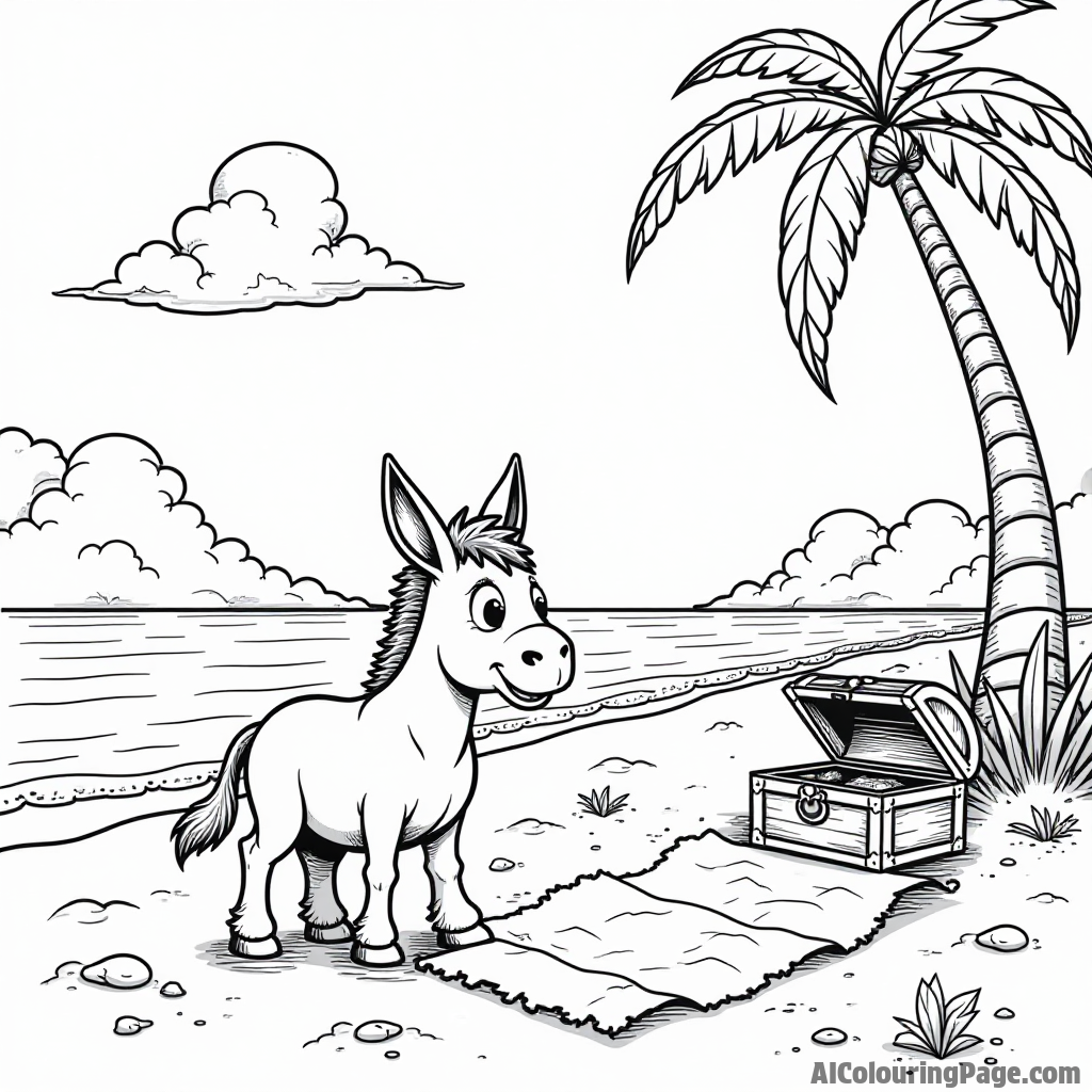 A donkey exploring a treasure map, standing on a beach with a treasure chest and palm trees nearby