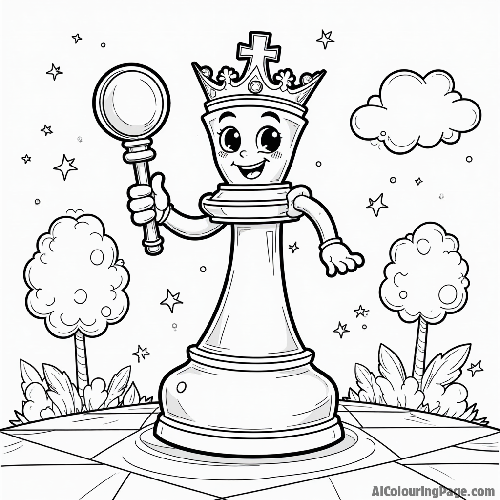 A cute, cartoon-style king chess piece holding a scepter, standing proudly on a chessboard with lollipop trees and candy clouds, creating a delightful scene for kids to color.