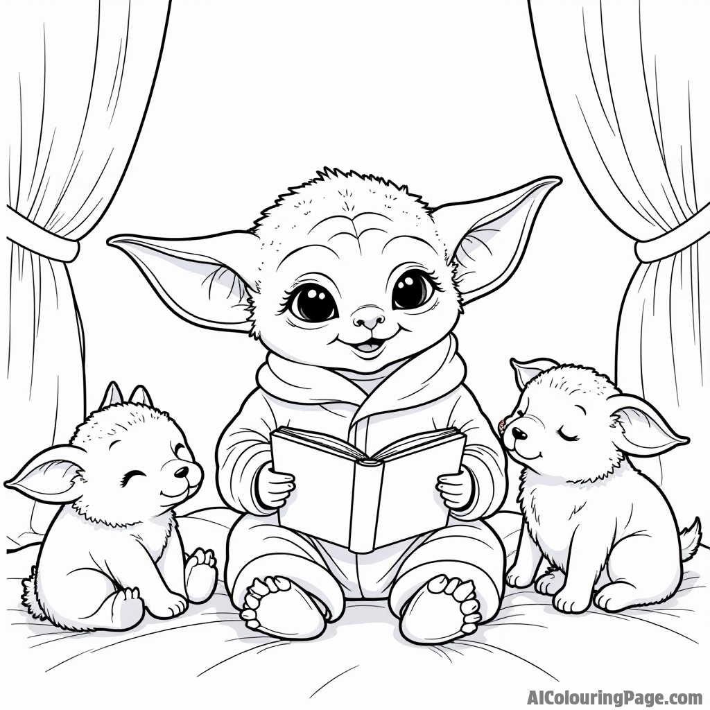 Baby Yoda dressed in pajamas, reading bedtime stories to sleepy animals in a cozy room