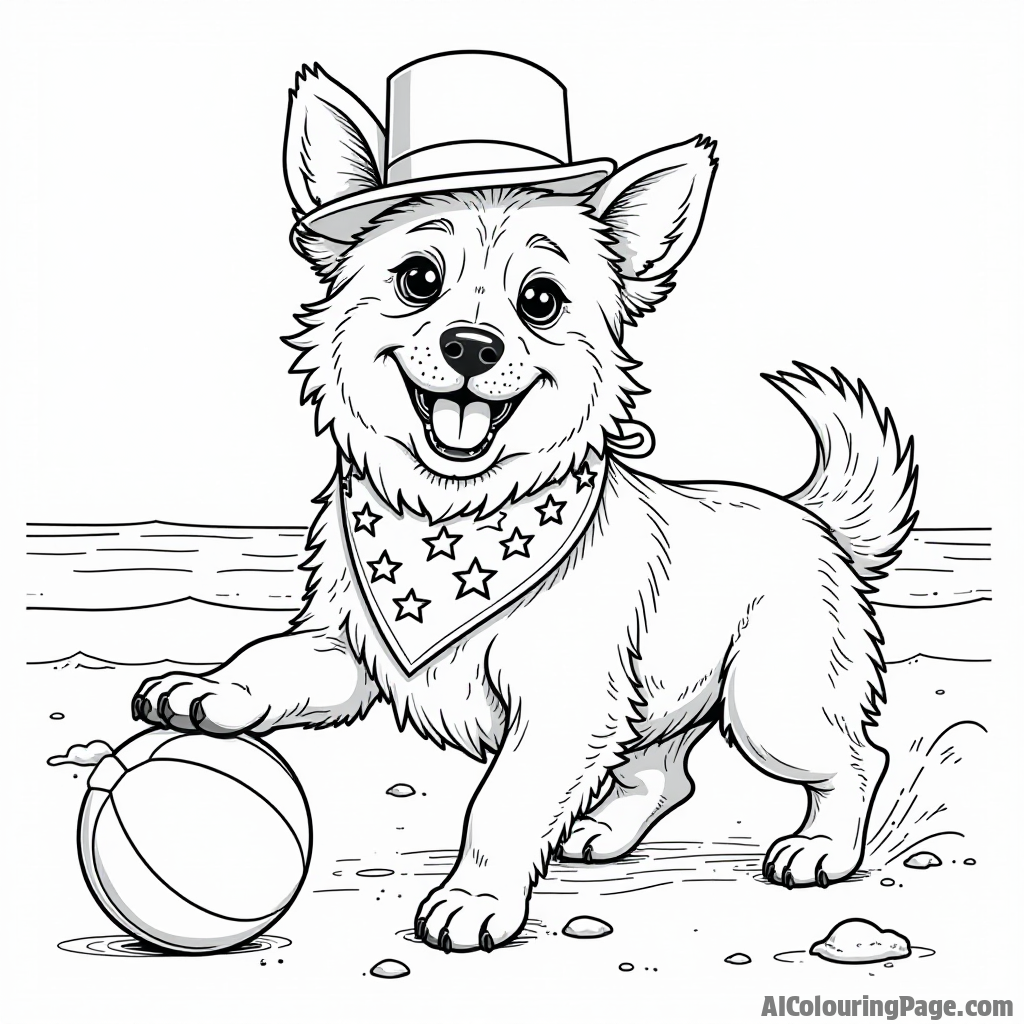 A patriotic dog wearing a star-spangled bandana, playing with a beach ball and enjoying a sunny day at a 4th of July beach party.