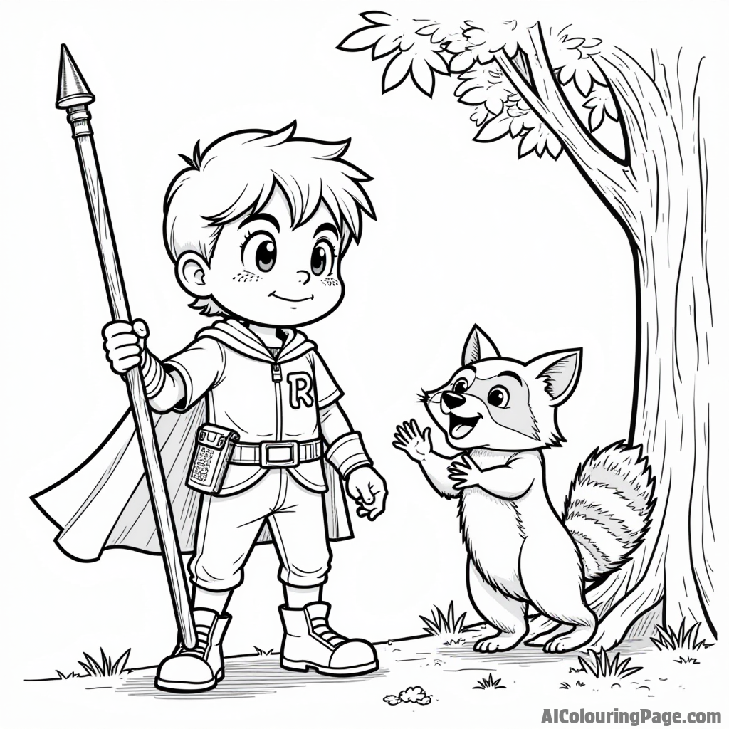 Robin training with his staff, a determined look on his face, alongside a friendly raccoon cheering him on from a tree.