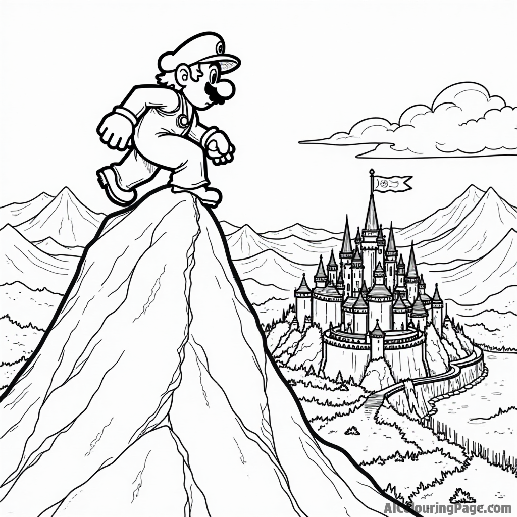 Mario climbing a mountain with a flag at the summit and a beautiful view of the kingdom below.