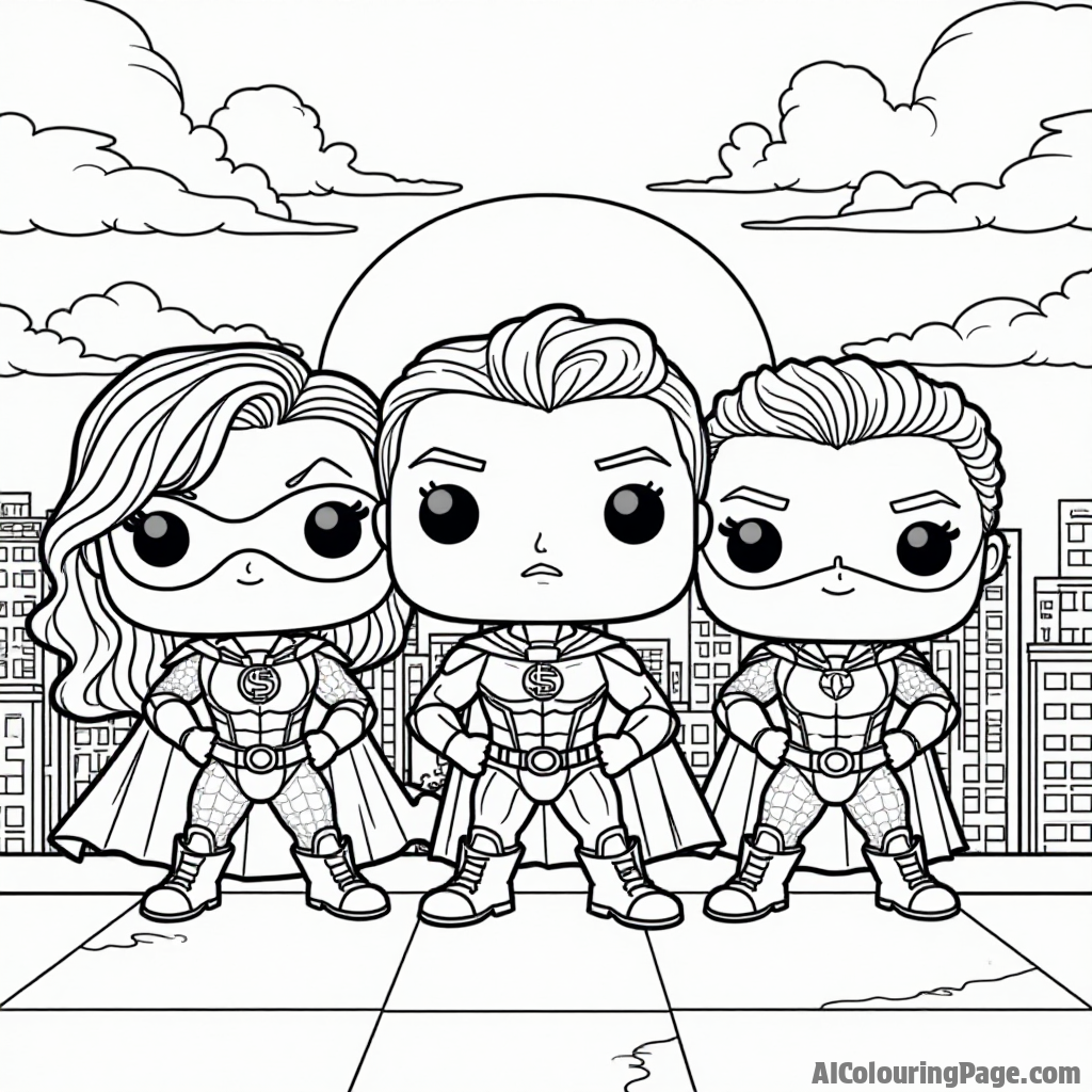 A Funko Pop superhero team posing heroically on a rooftop, with city buildings and a colorful sunset in the background, inviting kids to add their favorite colors to this action-packed scene.