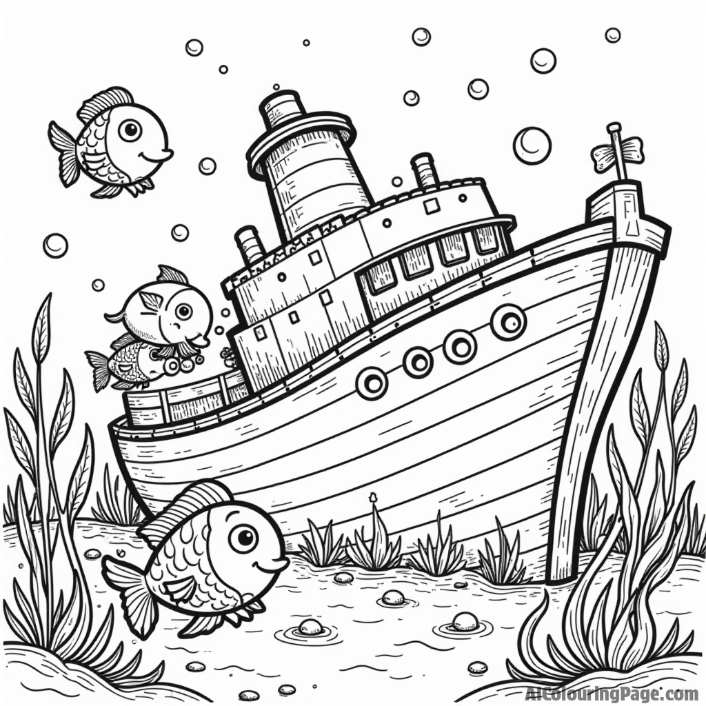 A lively scene of fish playing hide and seek around a shipwreck, with bubbles rising to the surface, offering a delightful underwater adventure for children to color.