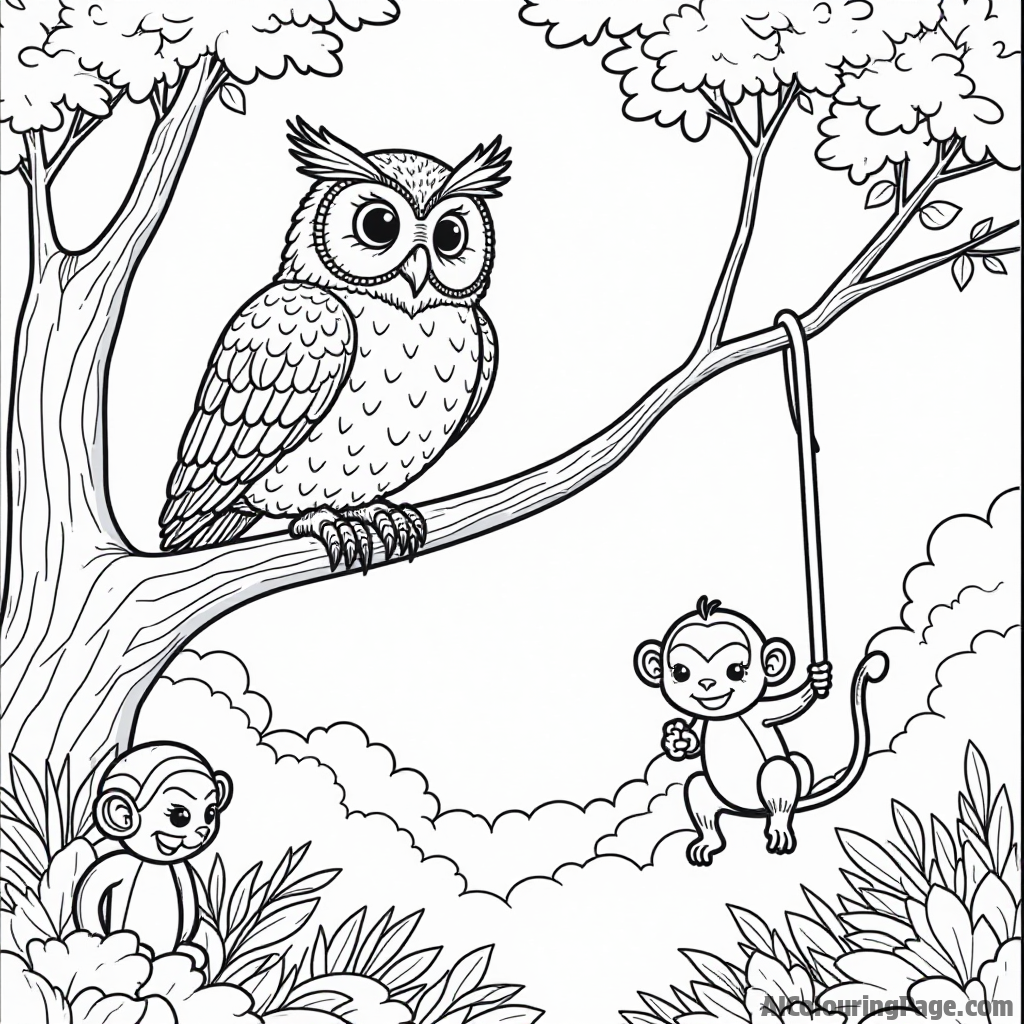 A wise old owl perched on a branch, watching over the jungle below, with playful monkeys swinging nearby, creating a magical scene for kids to color and embark on their adventure.