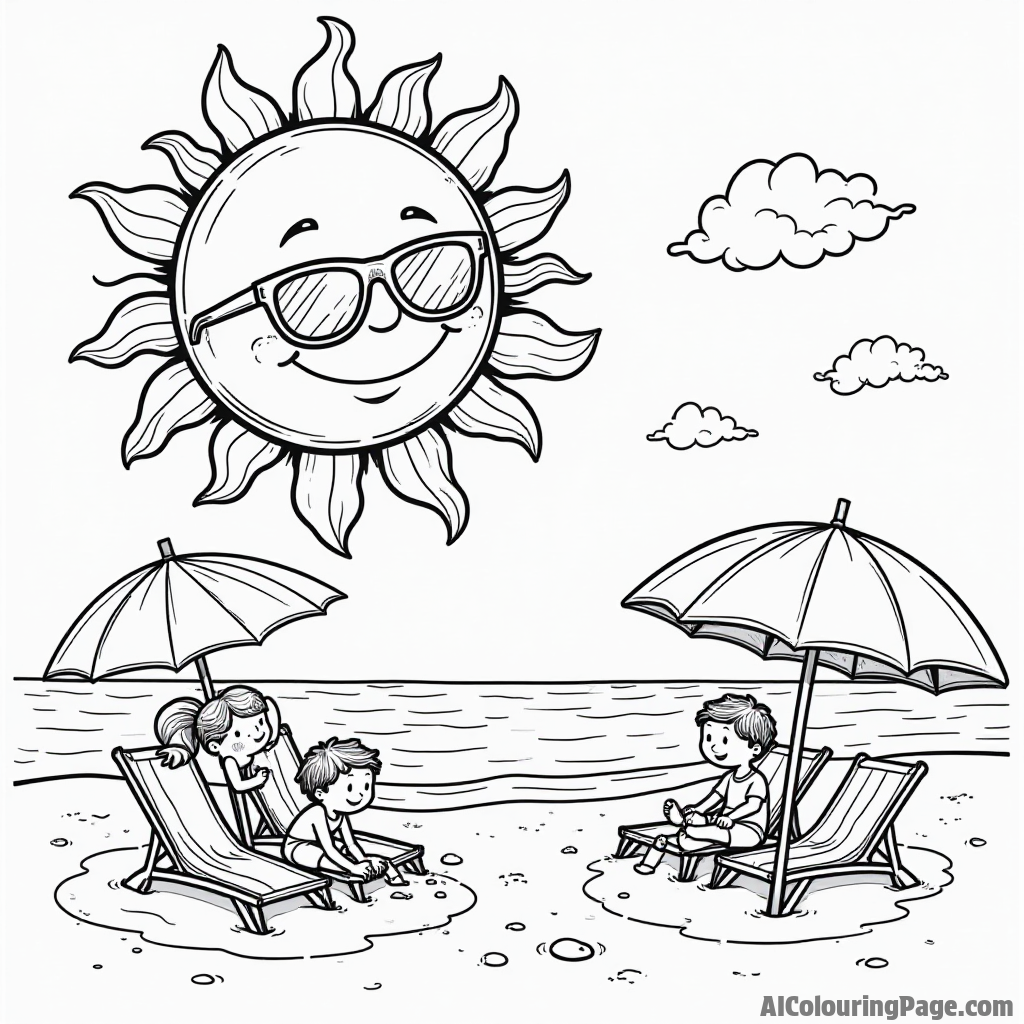 A smiling sun wearing sunglasses, floating above a beach scene with donuts on umbrellas and kids playing in the sand.